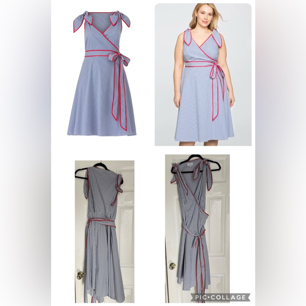 Draper James Wrap Blue & White Striped  Dress with Red Accents Women’s 20
